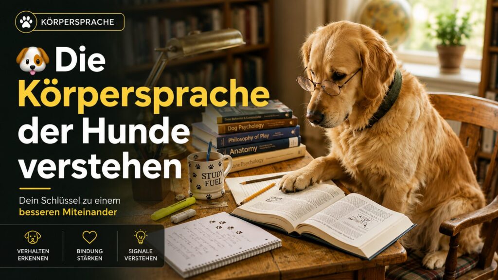 Golden Retriever liest ein Buch – modernes Beitragsbild zum Thema Körpersprache bei Hunden verstehen
