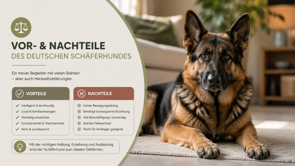 Deutscher Schäferhund liegt aufmerksam im Wohnzimmer auf einem Teppich