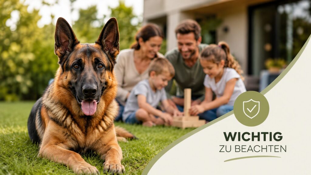Deutscher Schäferhund mit Familie im Garten bei gemeinsamem Spielen