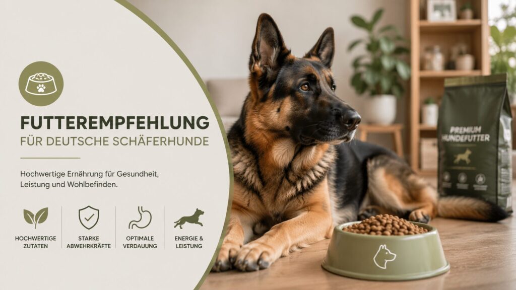 Deutscher Schäferhund liegt neben Futternapf in moderner Wohnung