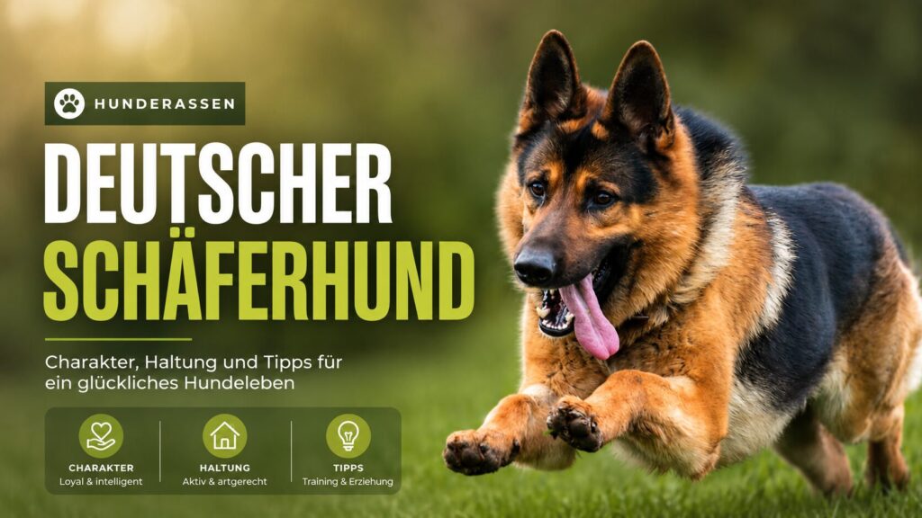 Deutscher Schäferhund läuft aufmerksam über eine grüne Wiese