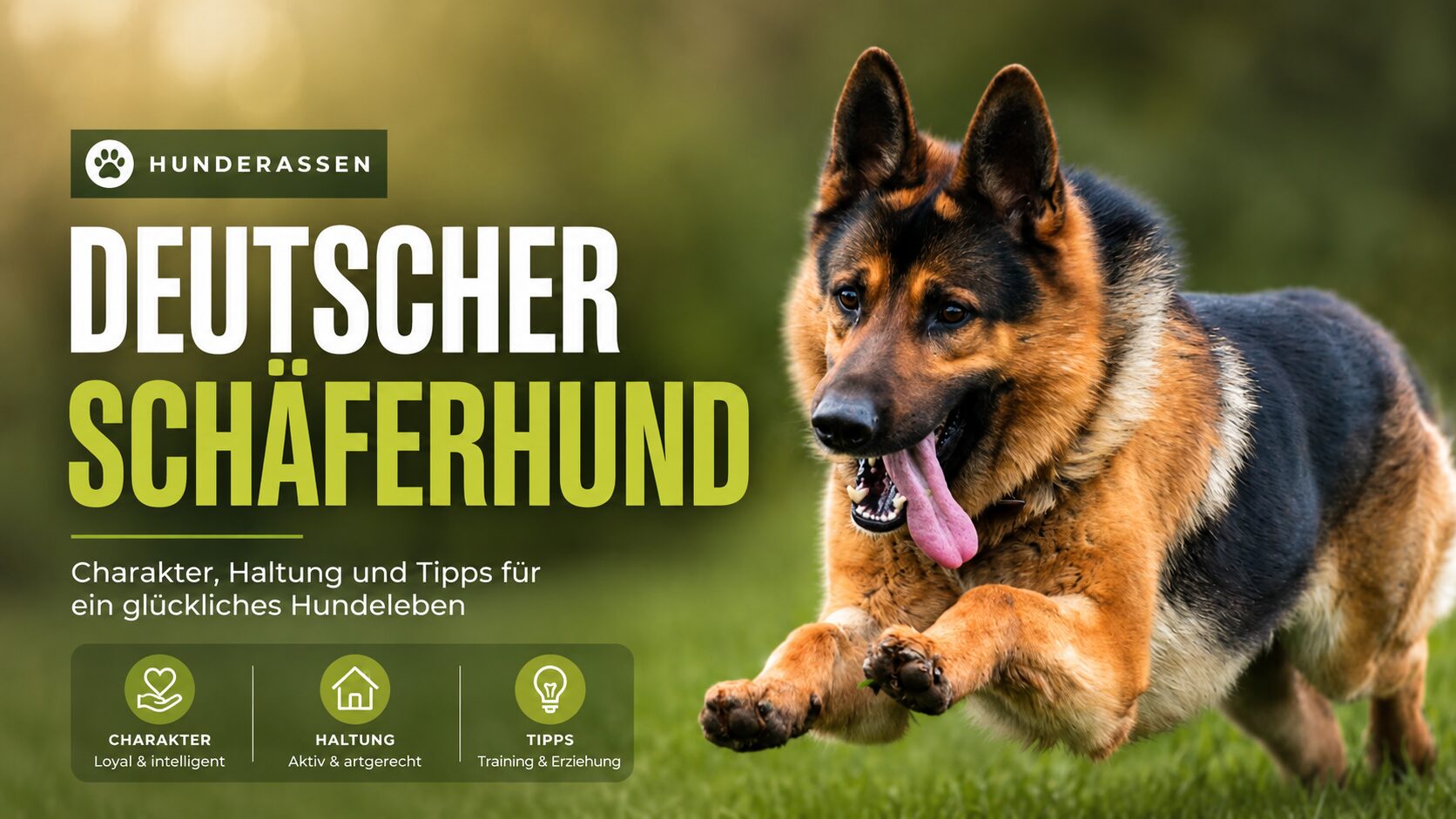 Deutscher Schäferhund läuft aufmerksam über eine grüne Wiese