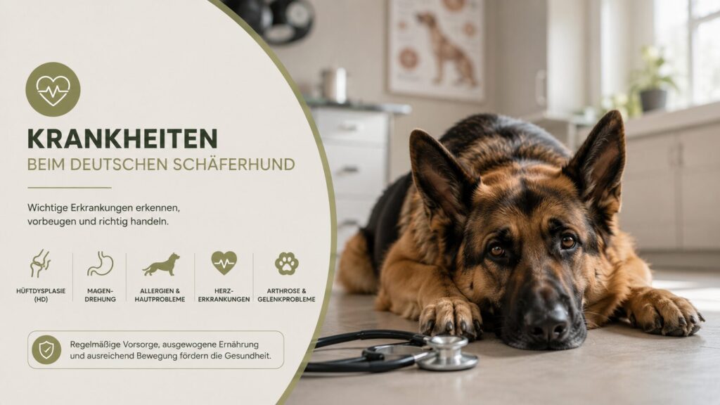 Deutscher Schäferhund liegt beim Tierarzt neben einem Stethoskop