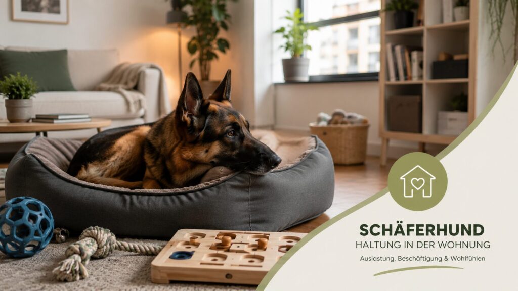 Deutscher Schäferhund entspannt im Körbchen in moderner Wohnung