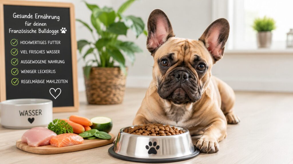 Französische Bulldogge mit gesundem Hundefutter und frischen Zutaten