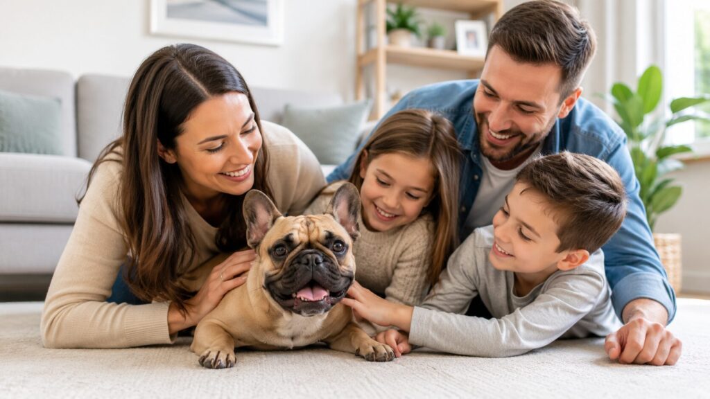 Familie kuschelt mit einer Französischen Bulldogge im Wohnzimmer
