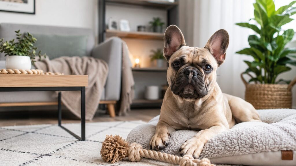 Französische Bulldogge entspannt im modernen Wohnzimmer