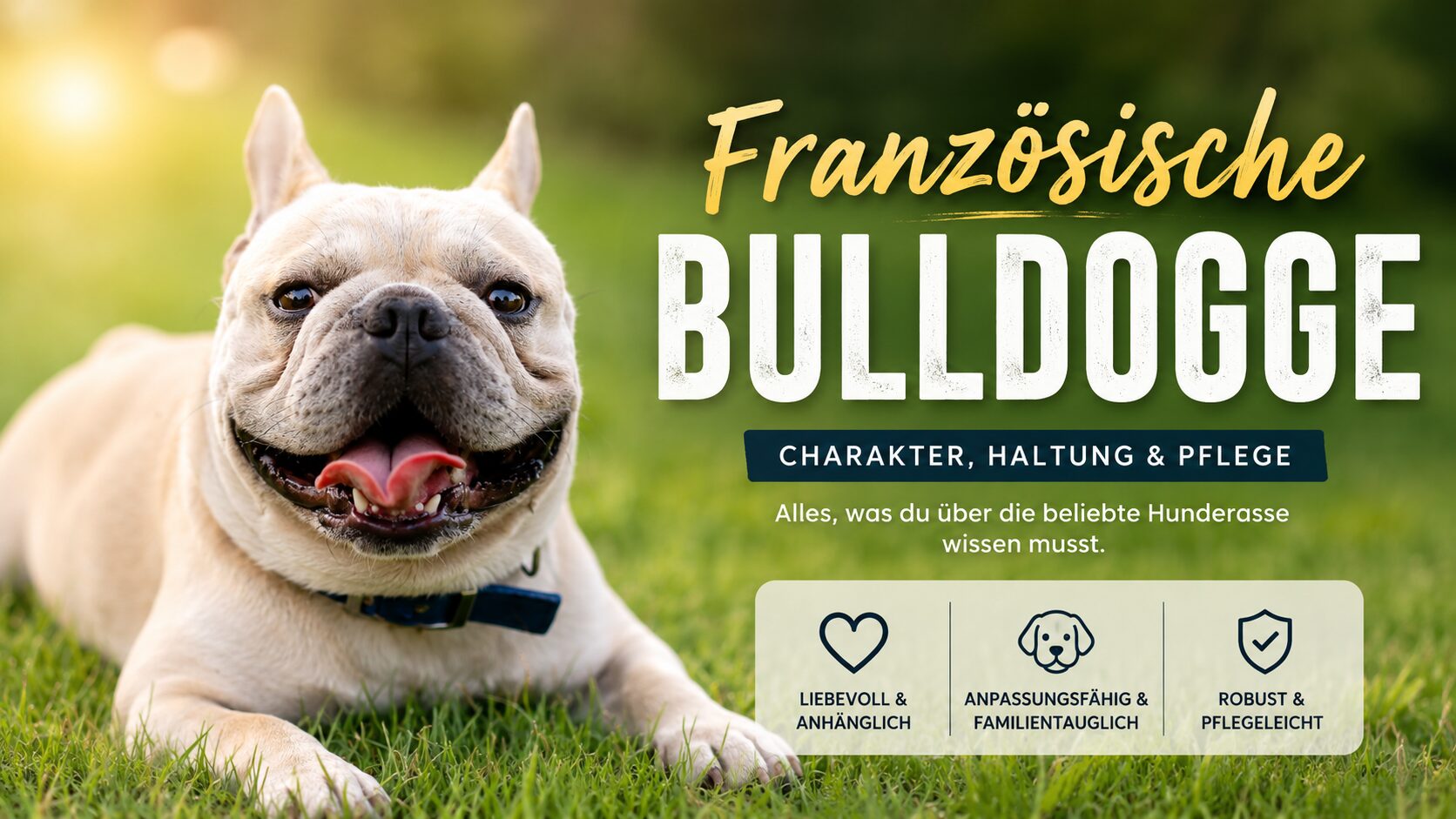 Französische Bulldogge liegt entspannt auf einer grünen Wiese