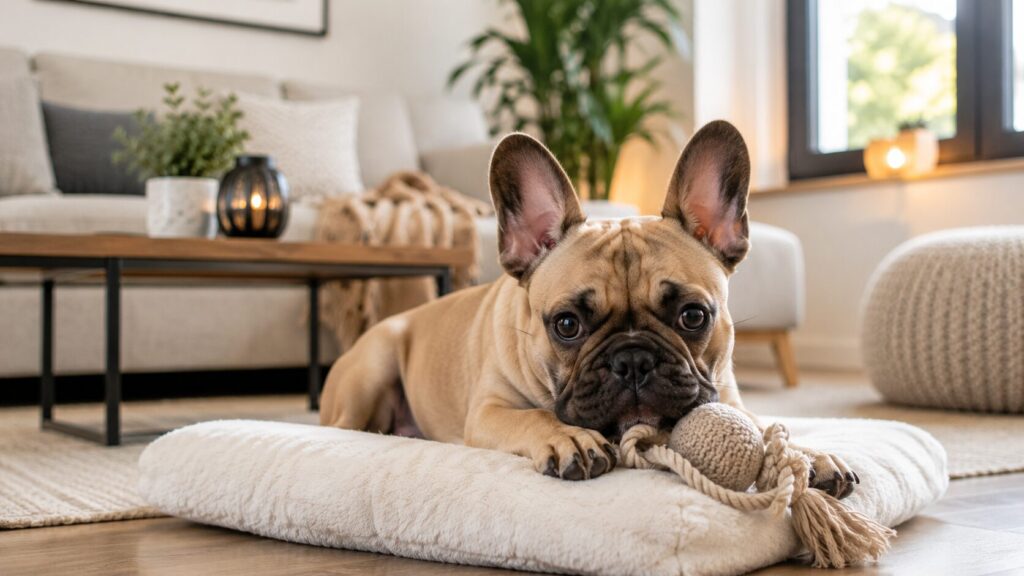 French Bulldog spielt entspannt im Wohnzimmer mit Hundespielzeug