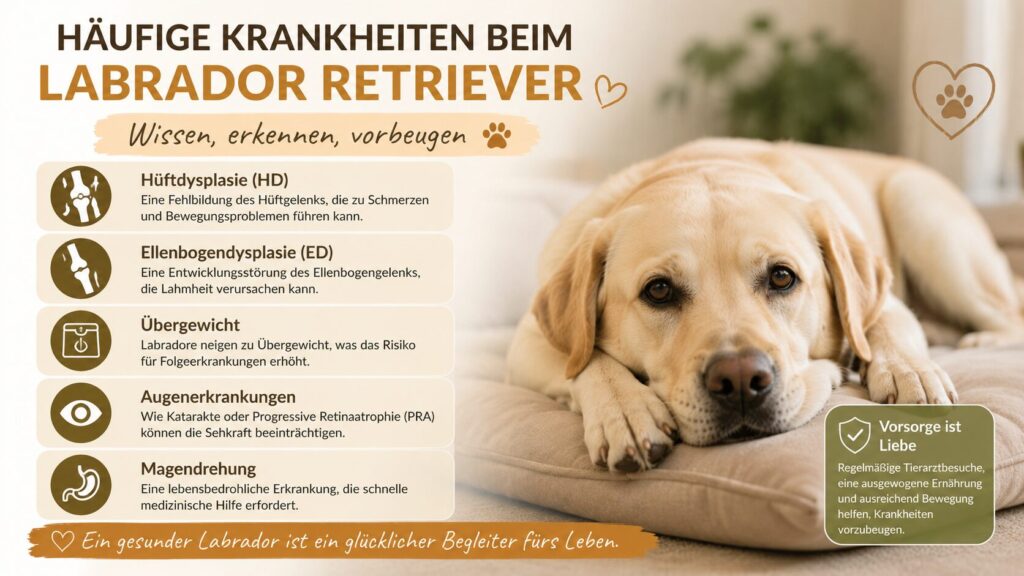 Labbi liegt ruhig auf einem Sofa mit Gesundheitsinfobox