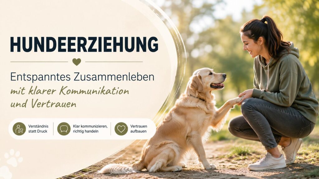 Frau trainiert entspannt mit Hund im Park mit positiver Kommunikation