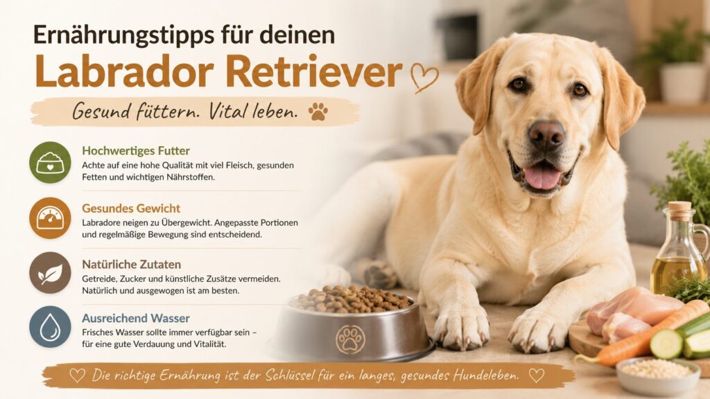 Labbi mit Futternapf und gesunden Zutaten für die Ernährung
