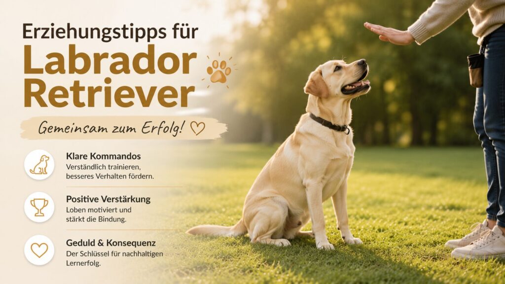 Labrador Retriever trainiert Sitzkommando auf einer Wiese im Abendlicht
