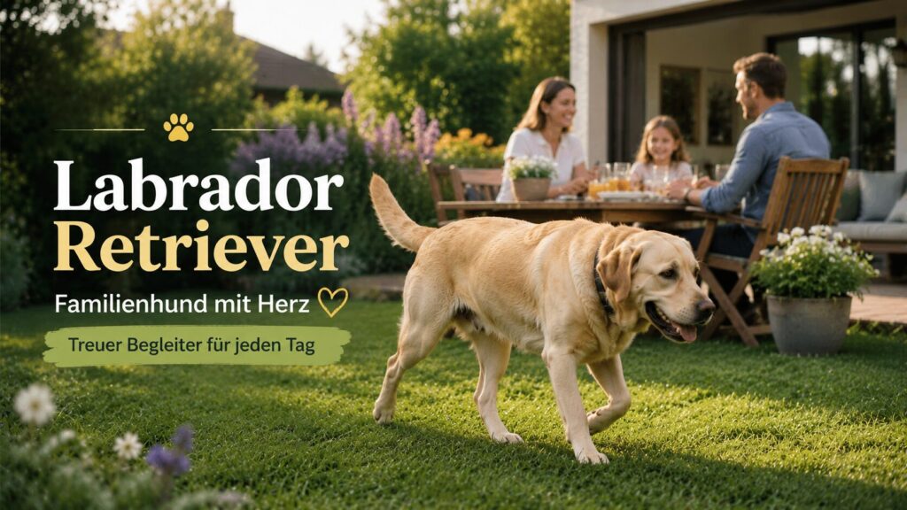 Labrador Retriever läuft entspannt durch den Garten mit Familie im Hintergrund