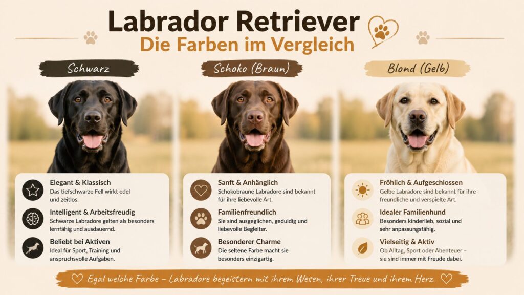 Schwarzer, brauner und blonder Labbi im direkten Vergleich