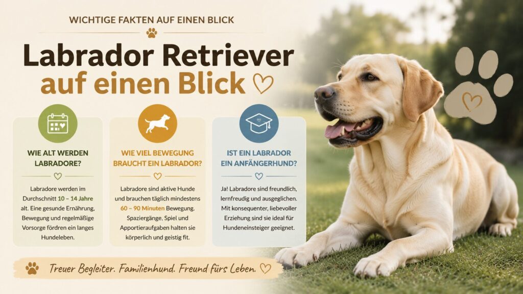 Labrador Retriever mit Infobox zu Alter, Bewegung und Anfängerfreundlichkeit