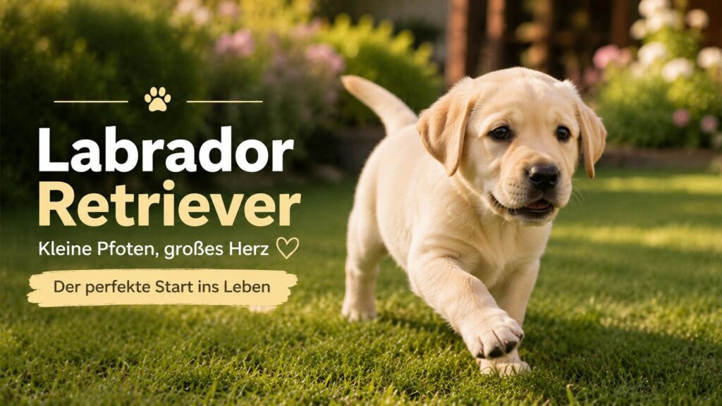 Labrador Retriever Welpe läuft verspielt durch einen sonnigen Garten