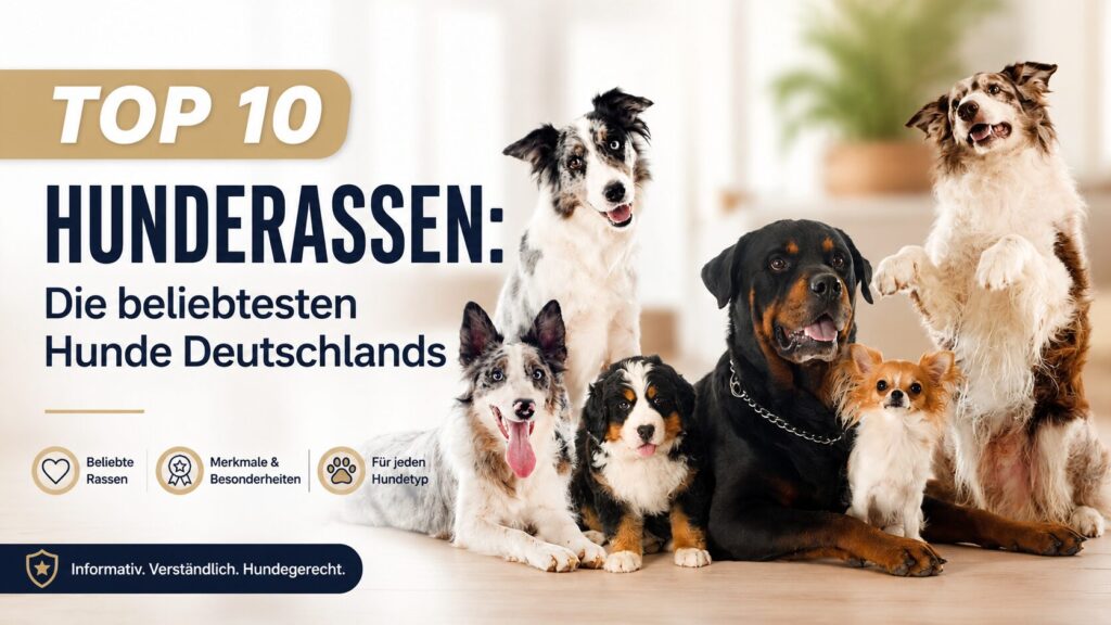 Verschiedene beliebte Hunderassen gemeinsam auf modernem Beitragsbild