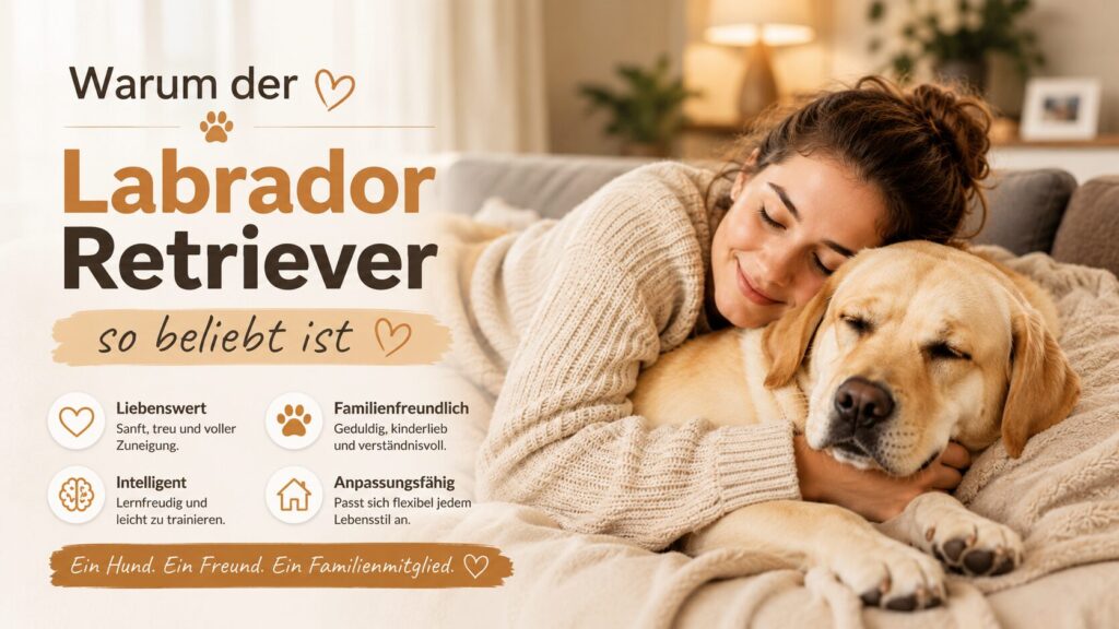 Frau kuschelt entspannt mit Labrador-Retriever auf dem Sofa