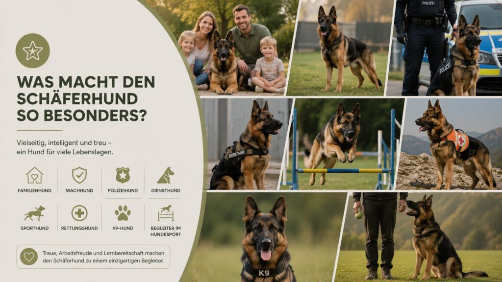 Deutscher Schäferhund in verschiedenen Rollen als Familien- und Diensthund